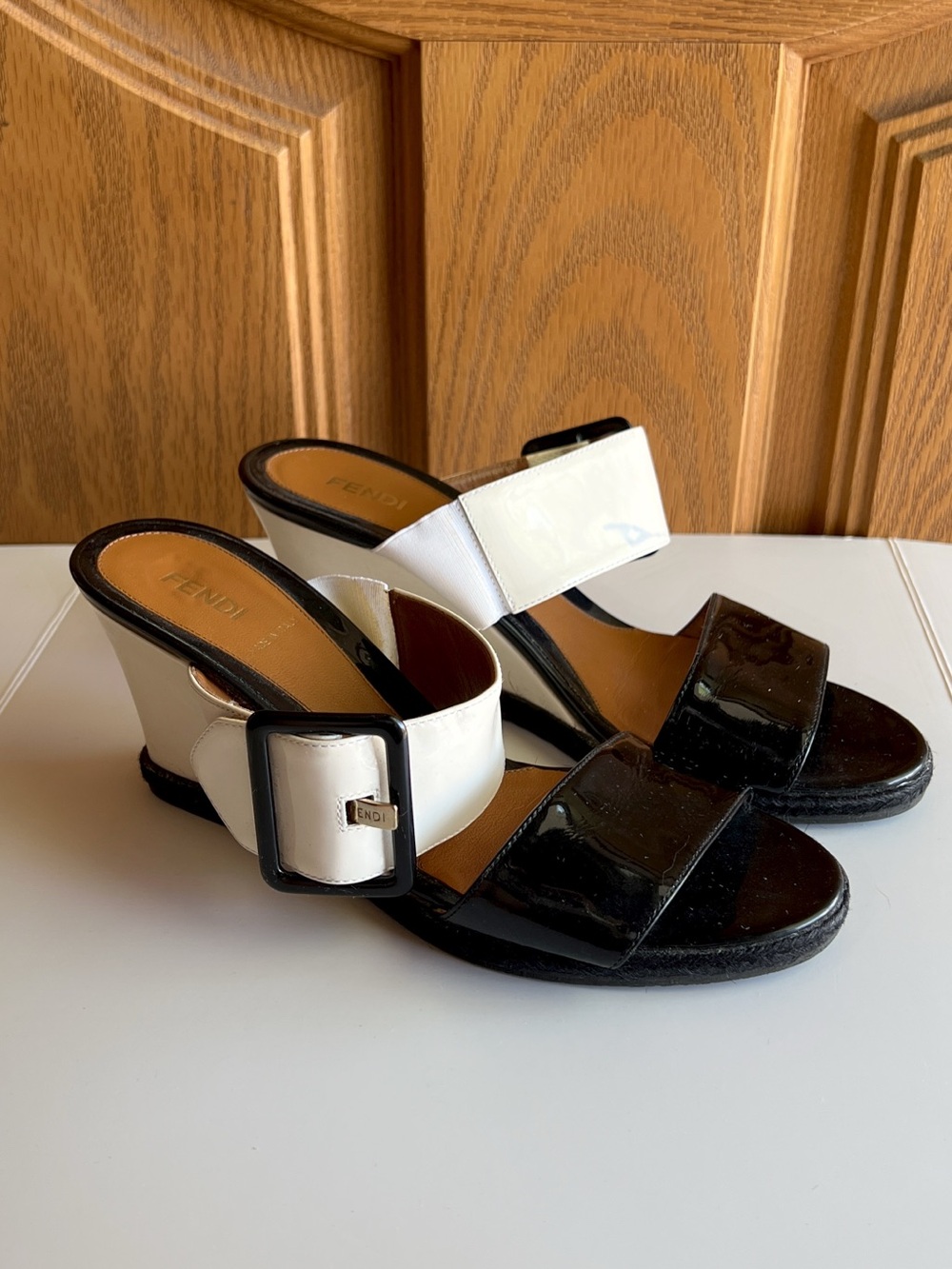 Fendi Patent Leather Colorblock Wedge Slide Sandals Black White EU 38